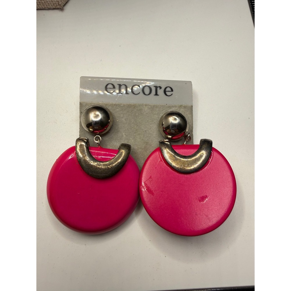Vintage Encore Hot Pink Geometric Drop Earrings 80s Silver Tone Post Statement